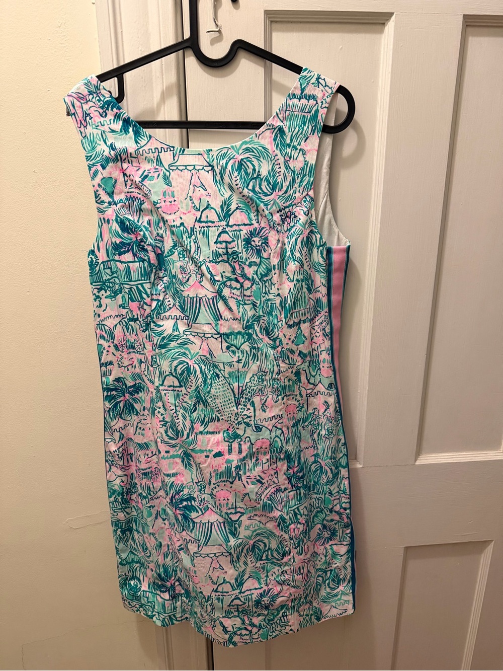 Lilly Pulitzer sleeveless shift dress in teal and hot pink safari party pattern